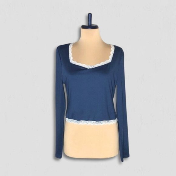 Forever 21 Long Sleeve T-Shirt Lace Trim Bow Detailed Square Neckline Blue sz M - Picture 1 of 9